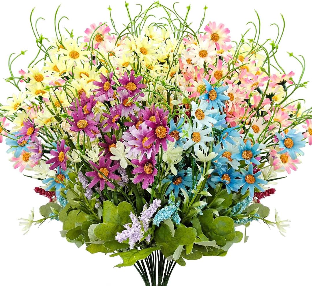 Silk Artificial Daisy Flowers Fake Floral Bulk UV Resistant Wildflowers Bouquet Arrangement for Outdoor Home Indoor Table Office Garden Wedding Decoration (Multicolor), 4 Pcs