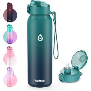 WEMEET 32oz Water Bottle with Removable Straw and Spout Lid Two Ways to Drink, 18/10 Stainless Steel Insulated Water Bottle, BPA-Free, Leak Proof, Double wall, for Sports, Gym (16.9 Ounces, BLUE BLUE)