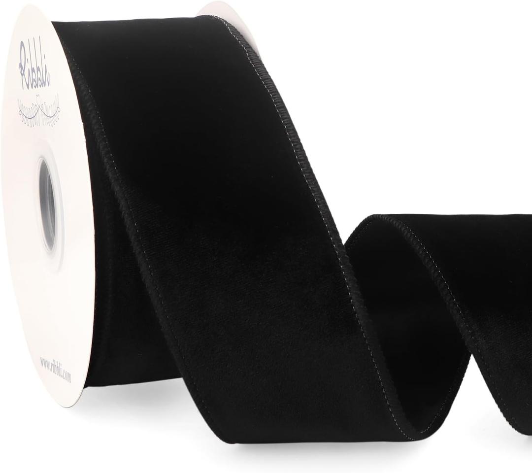 Ribbli Black Velvet Wired Ribbon 2.5 Inch Velvet with Satin Christmas Ribbon for Gift Wrapping Christmas Tree Decoration Crafts Wreaths Supplies-Continuous 10 Yards