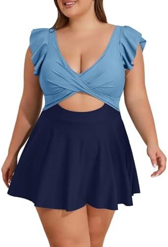 B2prity Women's Plus Size Swimsuit Tummy Control One Piece Swimdress Ruffle V Neck Cutout Wrap Bathing Suit with Skirt Size 20W, Blue Color Block 