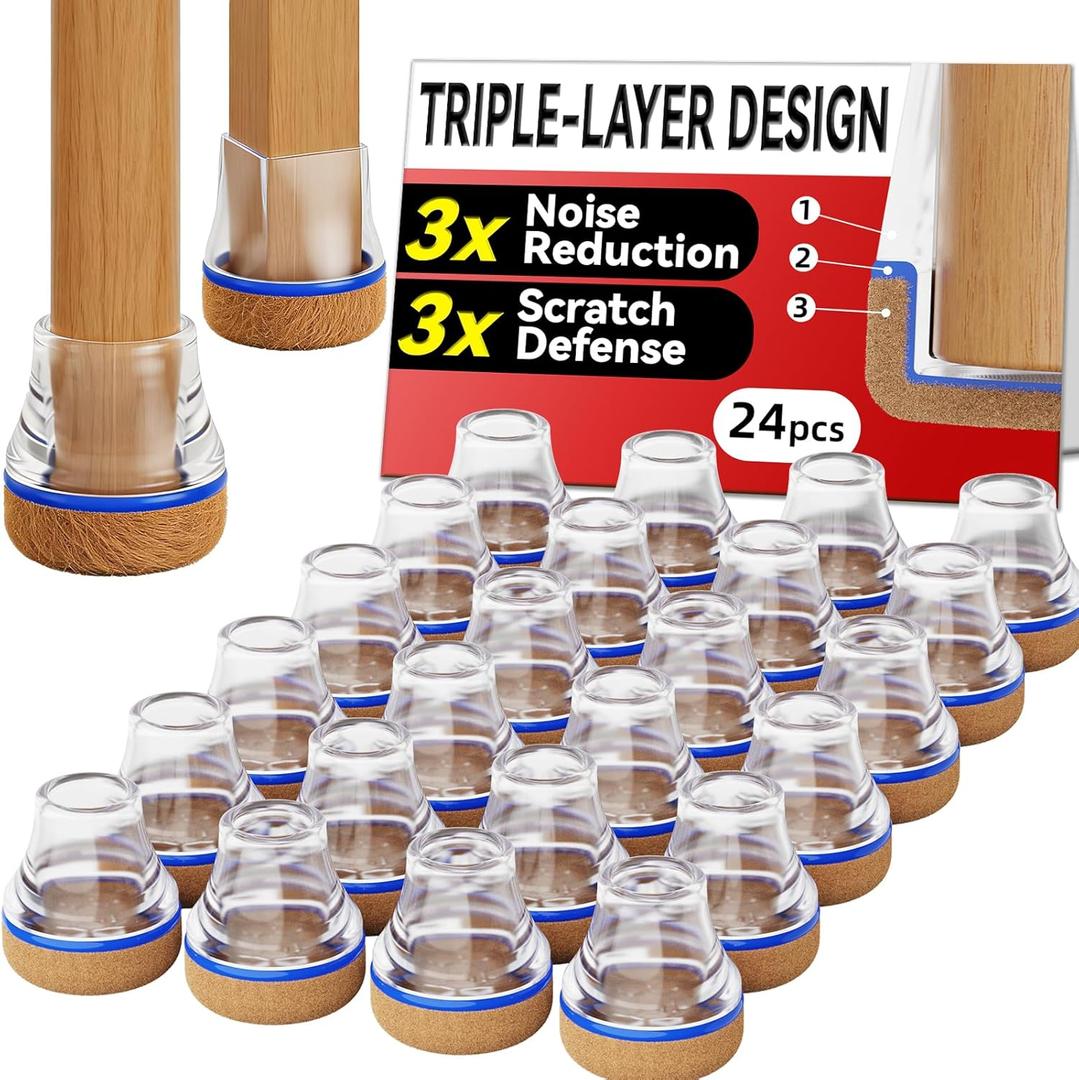Chair Leg Floor Protectors for Hardwood Floors, Triple-Layer Design Silicone Chair Leg Caps, 3X Noise Reduction & 3X Anti-Scratch, Premium Durable Protectors for Dining Chairs (24pcs Fit 1.1"-1.5")