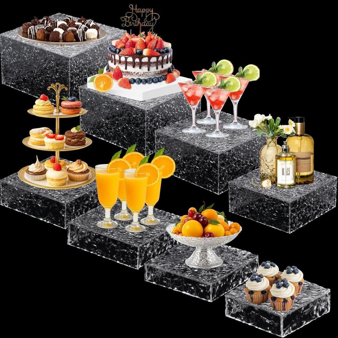 Geelin 8 Pack Acrylic Buffet Risers - 3 to 10 Inch Decorative Cube Boxes, Display Stands with Hollow Bottoms for Food Jewelry Table Display Supplies(Clear,Wave)