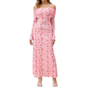 KUTUMAI Women Off Shoulder Bodycon Maxi Dress Long Sleeve Mesh Ruched Party Formal Wedding Guest Dresses (Small, Pinkfloral)