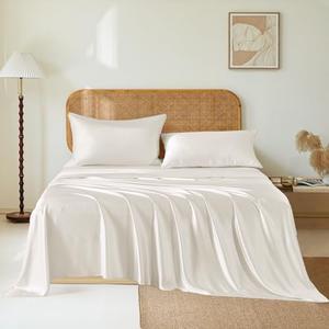 THXSILK Luxury Mulberry Silk Bed Sheets Set - 4pcs Silk Sheets Set 16" Deep Pocket - 1 Flat Sheet, 1 Fitted Sheet, 2 Pillowcases with Zipper Closure - King, White