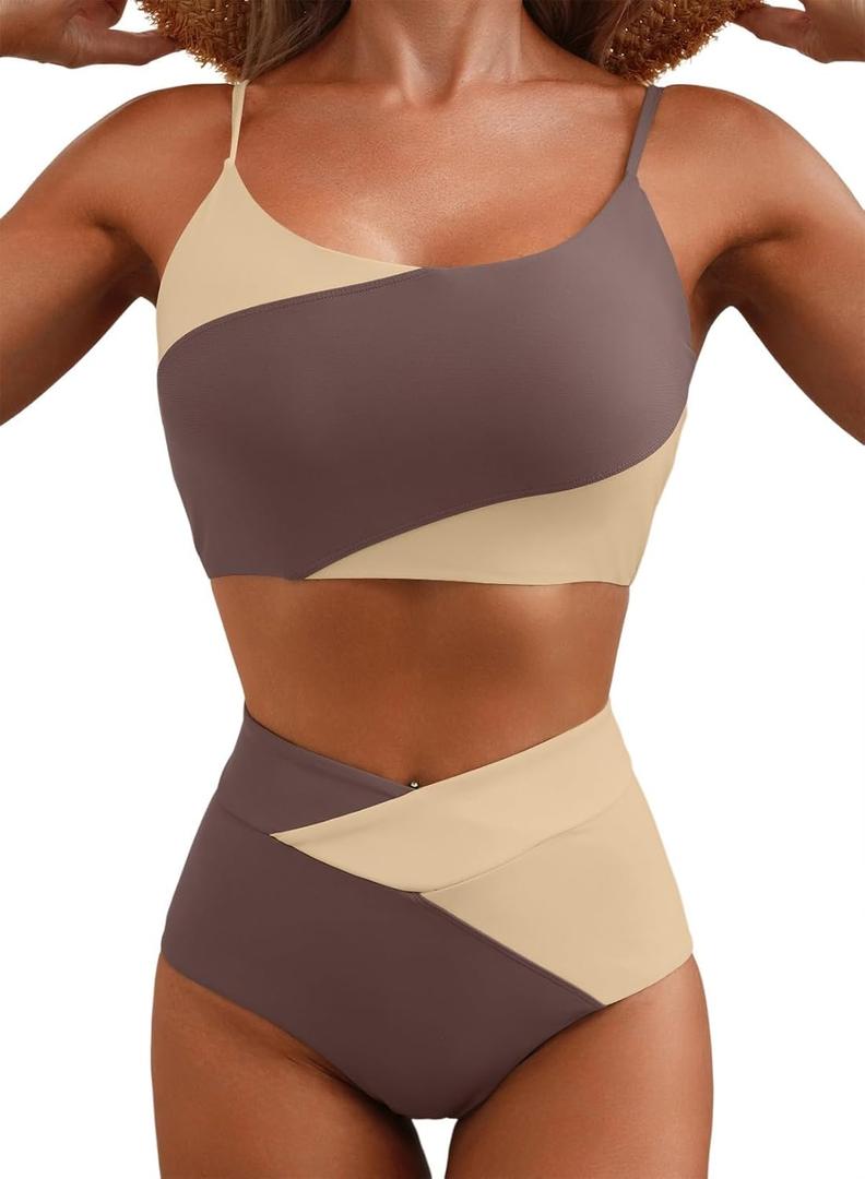 Herseas Womens 2 Piece Retro Bikini Set Color Block Cheeky Scoop Neck Swimsuit Sporty High Waisted Best Bathing Suit with Bottoms Trendy Vacation Outfits, Dark Brown, Large