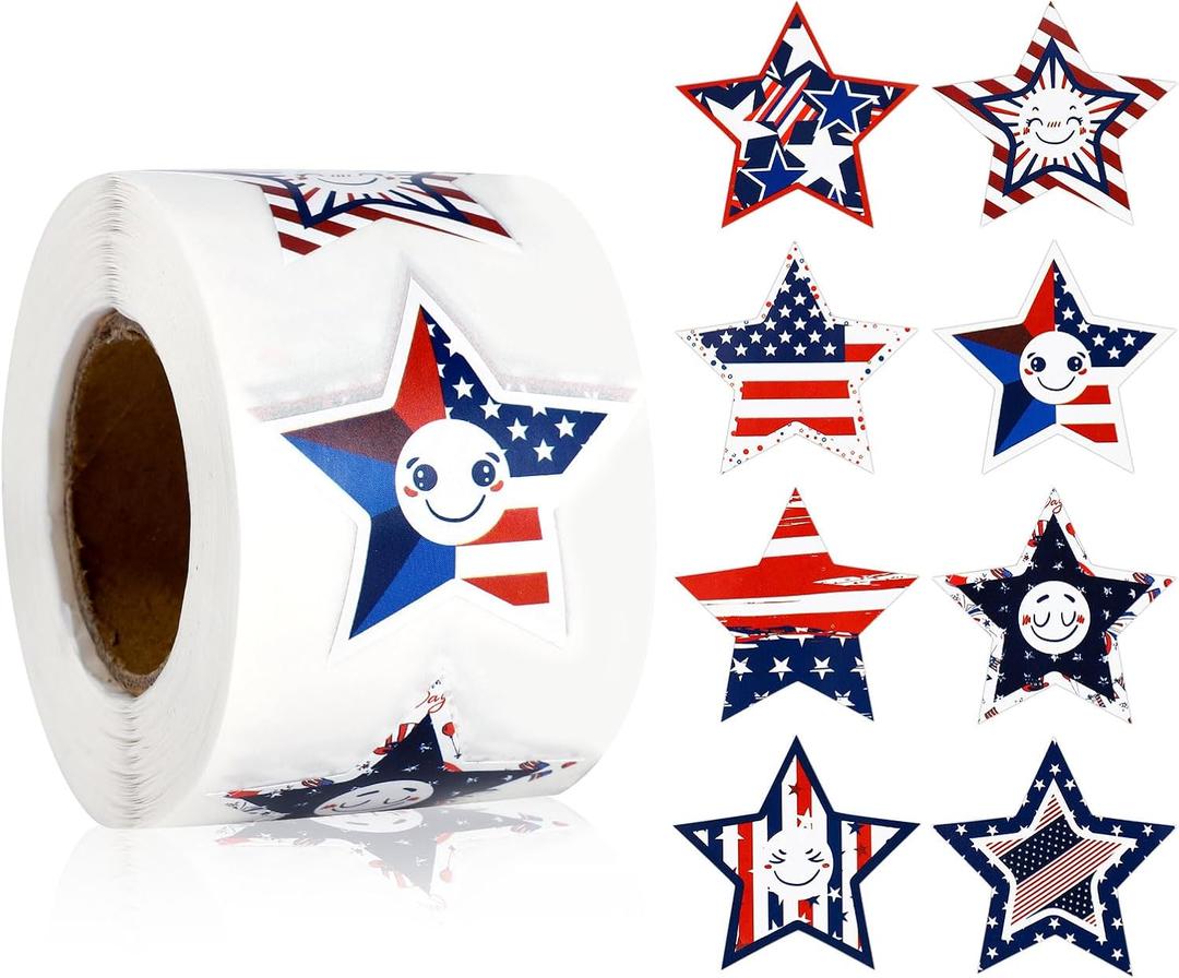 500pcs American Flag Star Stickers, 8 Designs Independence Day Patriotic Stickers 4th of July Labels Red White and Blue Star Decals for Memorial Veterans Day Gift Crafts Party Favors Decor