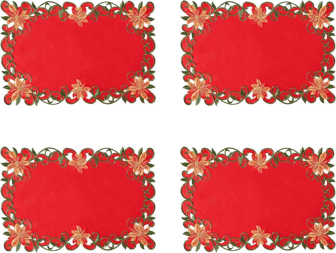 AMARED Christmas Embroidered Placemats Set of 4, Cutwork Green Leaves Holiday Table Mats for Home Decorations 12 X 17 Inch