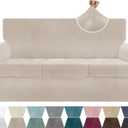ZNSAYOTX Luxury Velvet Couch Cover 4 Piece (72"-92") Stretch Sofa Covers for 3 Cushion Couch Thick Soft Sofa Slipcover with Non Slip Strap, Dog Pet Friendly Nice Furniture Protector (Khaki)