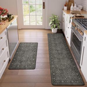 KIMODE Kitchen Mat for Floor Cushioned Anti Fatigue, 20"x71"+20"x32" Farmhouse Kitchen Rugs Sets of 2, Non Slip Waterproof Kitchen Floor Mat, Standing Mat for Sink Laundry Office Desk Green/Grey