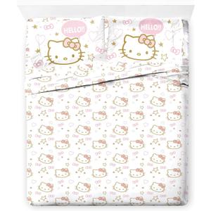 Jay Franco Sheet Set with Fitted, Flat Sheets & Pillow Cover - Ultra-Soft Bedding with Pillowcase for Room Decor, Pink - Hello Kitty, 4 Piece Queen