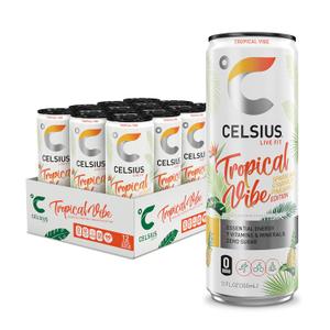 CELSIUS Sparkling Tropical Vibe, Functional Essential Energy Drink 12 Fl Oz (Pack of 12), BBD:  04/27