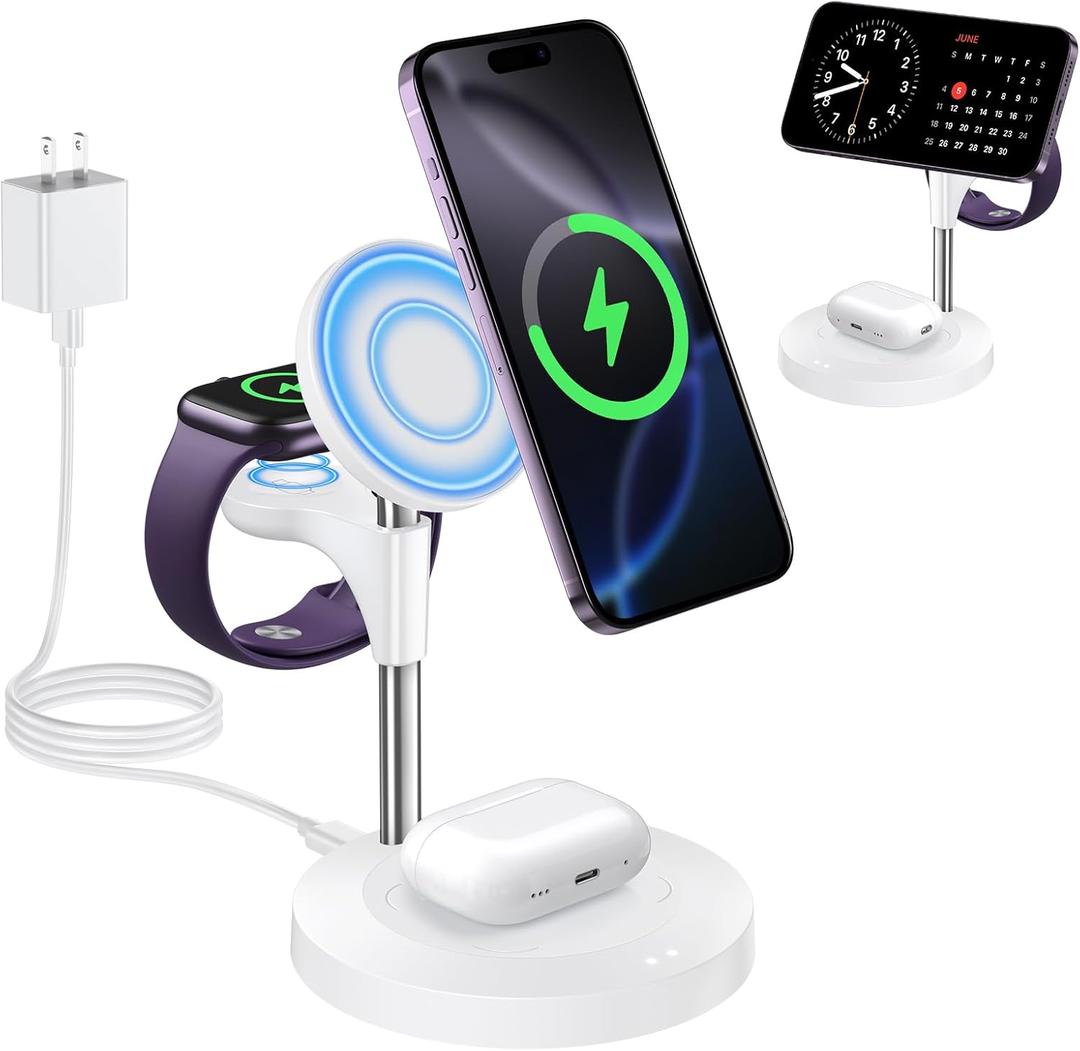 3 in 1 Wireless Charging Station for Multiple Devices Apple, 15W Fast Magnetic Mag-Safe Charger Stand for iPhone 16 15 14 13 12 Pro Max Plus Mini Apple Watch AirPods Pro 4 3 2, White