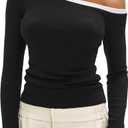 Darong Women Off The Shoulder Top Long Sleeve Shirts Tight Fitted Going Out Tops Tee Y2k Outfits (X-Small, Black)