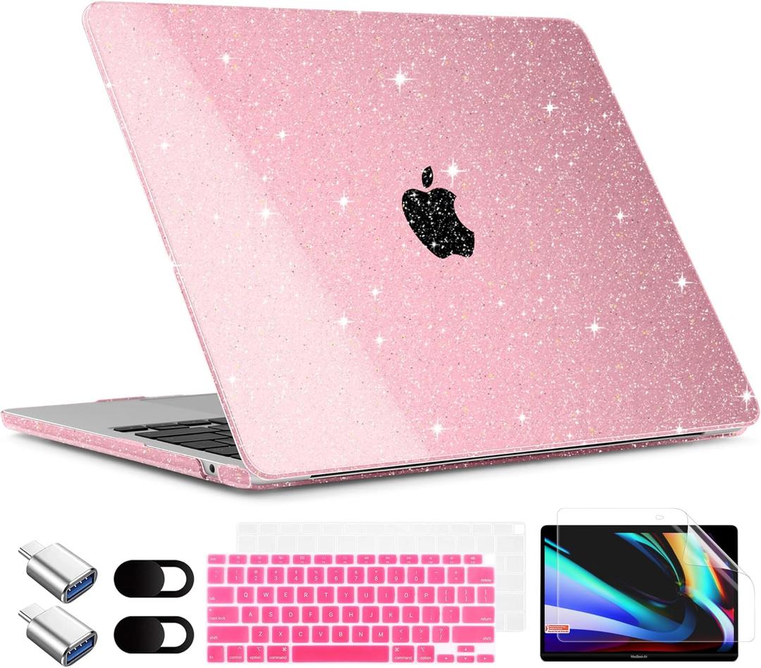 TWOLSKOO for MacBook Air 13.3 inch Case 2021-2018 M1 A2337 A2179 A1932 with Retina Display, Plastic Hard Shell Case with Keyboard Cover & Type C Adapter 2 Pack & Camera Cover, Glitter Pink