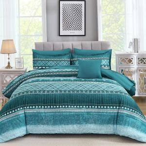 WONGS BEDDING 8 Piece King Size Comforter Set, Teal Texture Striped Bed in a Bag Comforter and Sheet Set, Boho Lightweight Microfiber Bedding Set for All Season (90"×104")