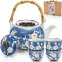 Japanese Tea Set, Ceramic Floral Tea Pot and 4 Pieces Cups with Infuser Bamboo Handle, Traditional Bone China Teapot Kit Gift for Coffee, Water, Home, Office