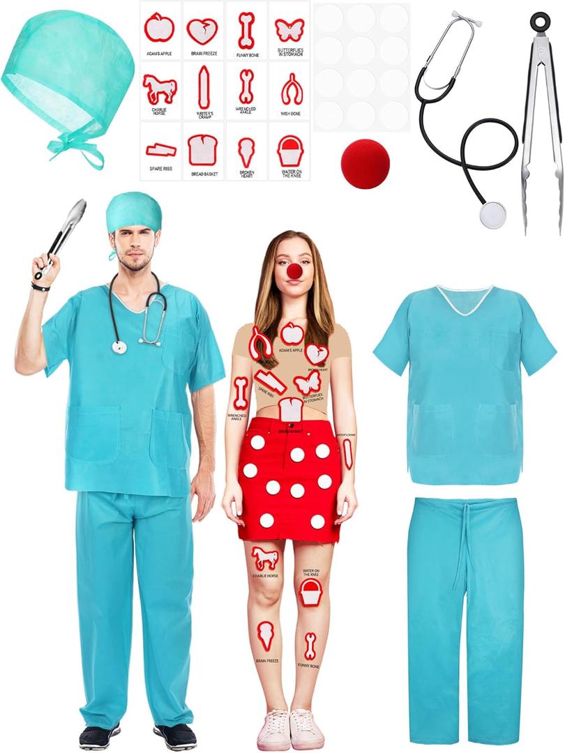 Realspring 8 Pcs Surgeon Game Couples Costume Set for Adult Halloween Board Game Couple Medical Doctor Patient Costume (X-Large)