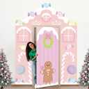 4 Pcs Pastel Candy Christmas Gingerbread Door Covers Decoration Xmas Pink Gingerbread House Candy Door Backdrop Christmas Photo Booth Props Porch Sign for Holiday Classroom Home Party Decor