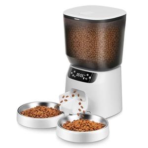 Automatic Cat Feeders for Two Cats, 5L/20 Cups Double Automatic Cat Food Dispenser with 2 Stainless Bowls, Timer Setting 20 Portions 6 Meals Per Day, 10s Meal Call, Pet Feeder for Dog (White)