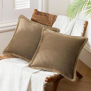 Phantoscope Pack of 2 Farmhouse Decorative Solid Throw Decorative Pillow Cover Burlap Linen Trimmed Tailored Edges Coffee 18 x 18 inches, 45 x 45 cm