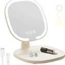 Rechargeable LED Travel Makeup Mirror, 3-Color Lighting, Dimmable Touch Screen, Multi Angle Adjustable, Foldable and Portable Desktop Vanity Mirror with Storage Tray (Creamy)