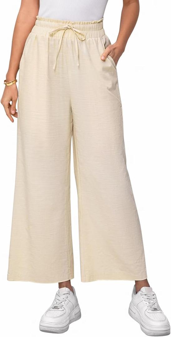Women's Linen Pants Relaxed Fit High Waisted Boho Chic Ankle Pants Summer Beach Vacation Wide Leg Trousers (Beige)