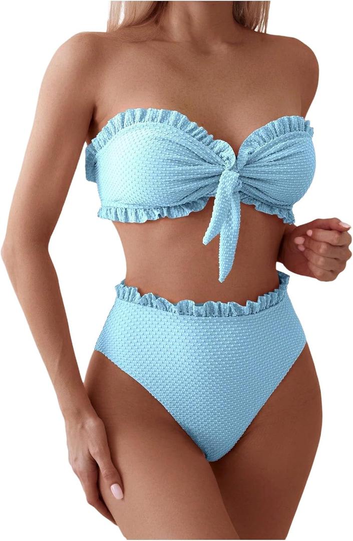 SOLY HUX Women's Ruffle Strapless Bikini Set 2 Piece Bandeau Swimsuit High Waist Bathing Suits (Plain Light Blue), Small