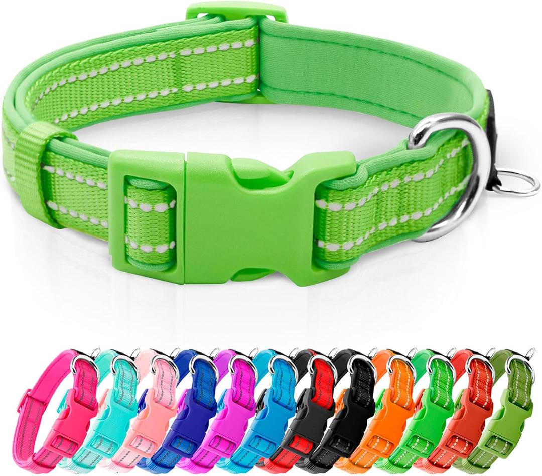 azuza Reflective Dog Collar Green Soft Neoprene Padded Pet Collar with ID Tag Ring, Adjustable for Medium Dogs,Green,M (Medium (Pack of 1))