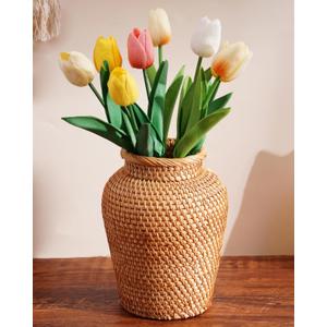 Rattan Vase, Small Braided Boho Vases for Pampas Grass & Flower Arrangement, Hand Woven Vases Decor, Rustic Farmhouse Round Wicker Vase Basket for Centerpieces,6" D x 8" H, Brown