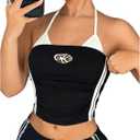 RoseSeek Women's Tie Backless Hollow Halter Top Sleeveless Striped Fitted Crop Tops Summer Y2K Clothes (Black)