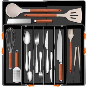 Expandable Large Silverware Organizer - BPA-Free Food-Safe Utensil Drawer Organizer Adjustable Kitchen Drawer Organizer Flatware Cutlery Tray, Classified Storage for Spoons Forks Knives (10.2"-17.2"W x 13.2-17.9"L x3"H, Black)