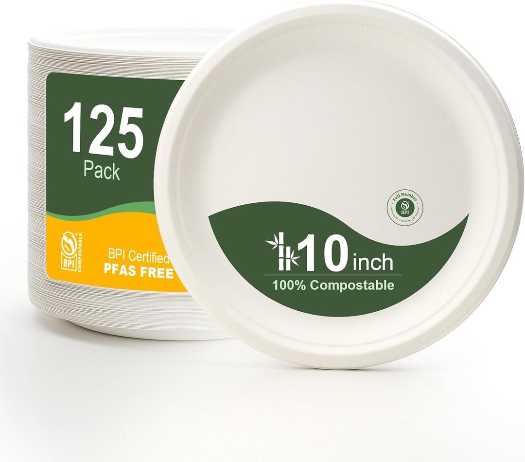 WELLIFE 10 Inch Paper Plates, 125-Pack 100% Compostable Heavy Duty Disposable Plates Bulk, Biodegradable Bagasse, Eco-Friendly, PFAS-Free | BPI Certified | Microwaveable (White)