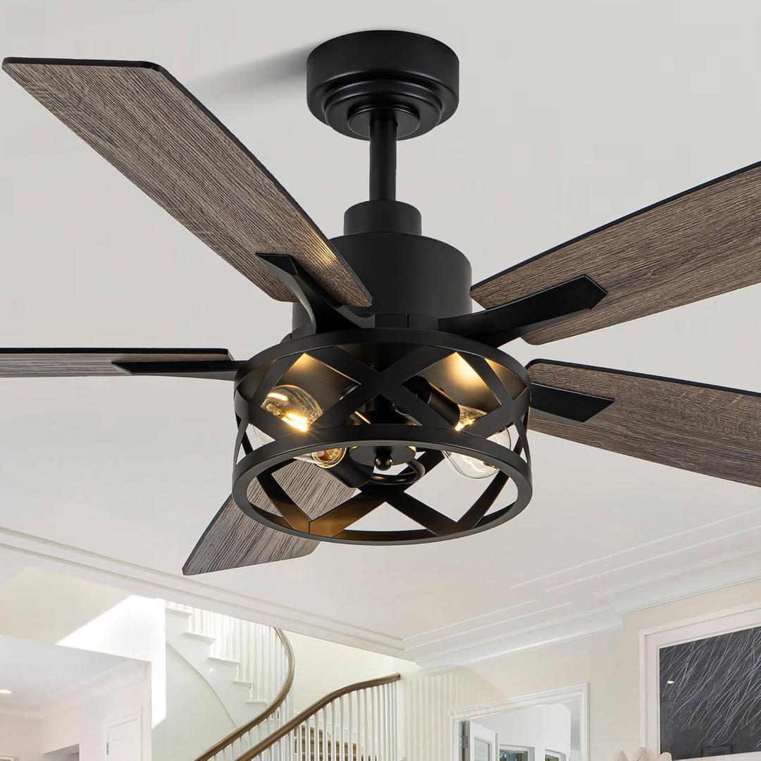 52 Inch Farmhouse Ceiling Fans with Lights and Remote Quiet and Reversible DC Motor Black Industrial Rustic Caged Ceiling Fan for Bedroom Living Room Covered Patio (62-Black)
