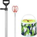 3 Pack Beach Shrimp Catching Tool Kit, Stainless Steel Ghost Shrimp Pump Extractor, Long Handle Serrated Seafood Tongs, 7L Collapsible Camo Bucket for Clam Razor Clam Harvest