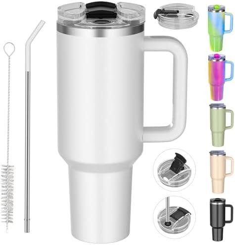 weisidi 40 oz Tumbler With Handle and Straw, Reusable Stainless Steel Insulated Water Bottle, Cupholder Friendly - Travel Mug Iced Coffee Cup for Hot-Cold Coffee and Beverages (White)