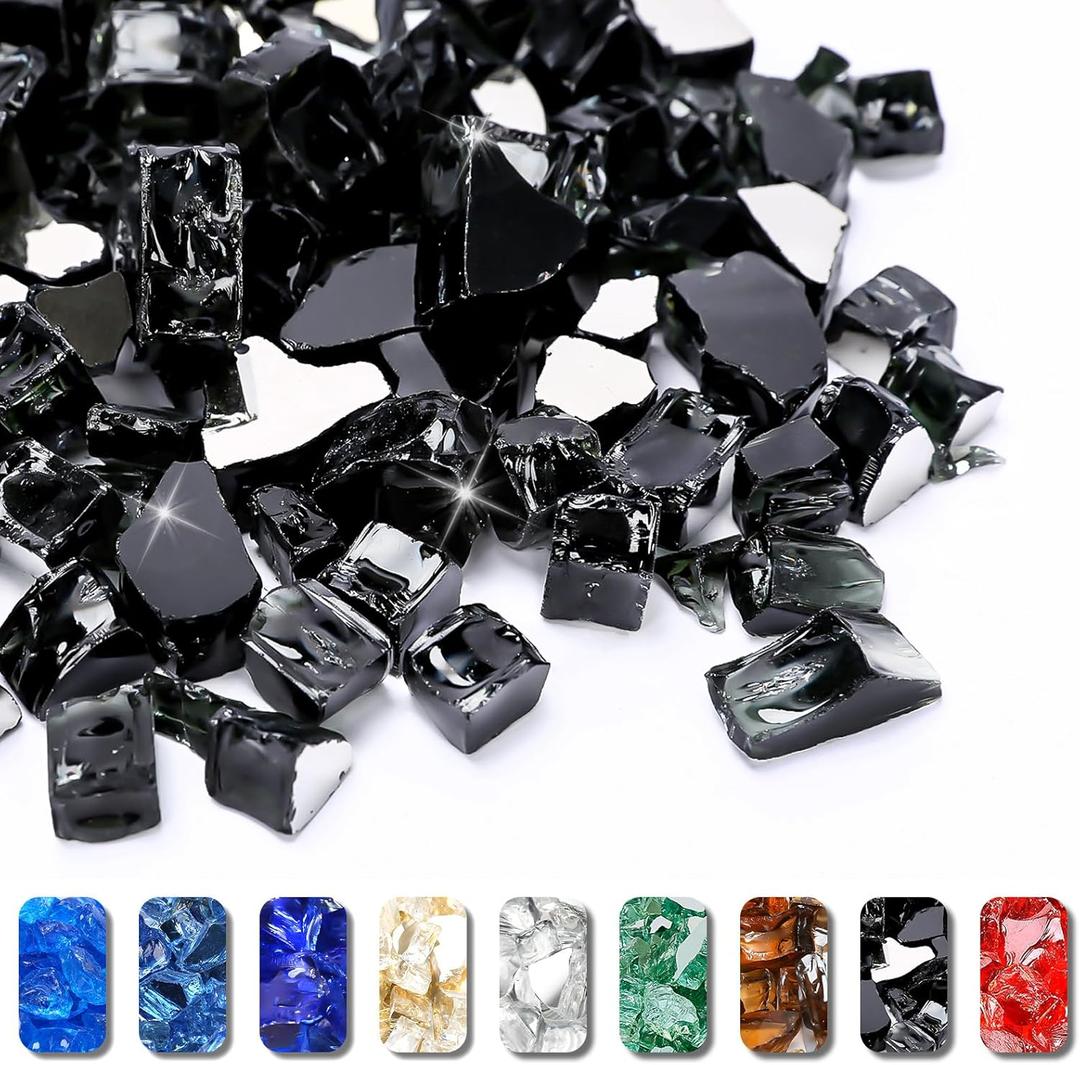 GRISUN Onyx Black Fire Glass for Fire Pit, 1/2 Inch High Luster Reflective Tempered Glass Rocks for Natural or Propane Fireplace, Safe for Outdoors and Indoors Firepit Glass, 10 Pounds