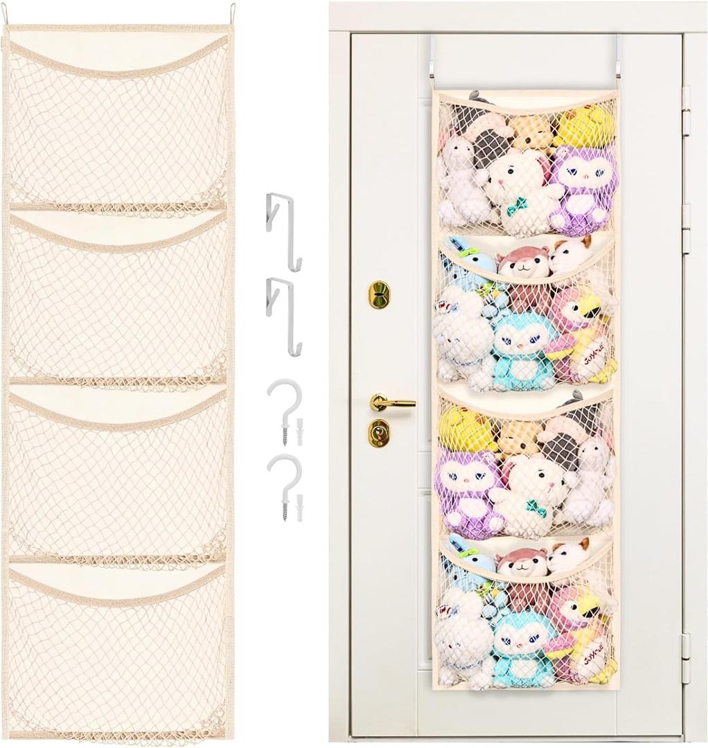 Over The Door Stuffed Animal Storage, Cotton Toy Organizer for Storage Plush Toys,Baby Supplies, Stuffed Animal Holder with 4 Large Pockets, Hanging Door Organizer for Nursery, Bedroom, Kids Room