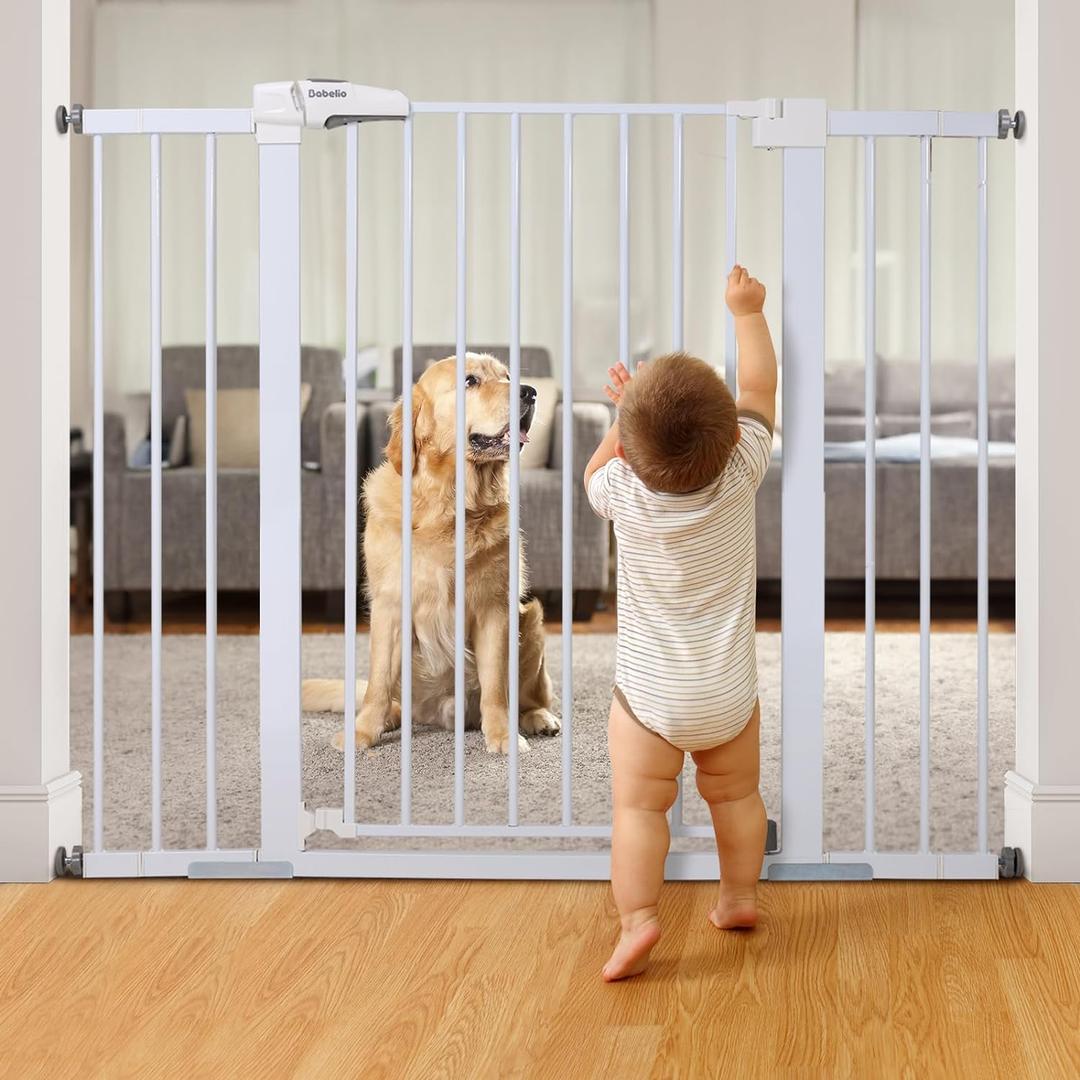 BABELIO 36" Tall Baby Gate, PressGuard P7, 29-48" Auto Close Pressure Mounted Dog Gate for Stairs, Doorways & Hallway, Protector Basics Easy Walk Thru Pet Gate, White
