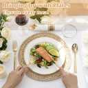 WDF Partyware 350Piece Gold Dinnerware Set for 50 Guests - Gold Plastic Plates with Disposable Cutlery - 50Dinner Plates-50Dessert Plates-50Pre Rolled Napkins with Silverware for Wedding/Mother's Day