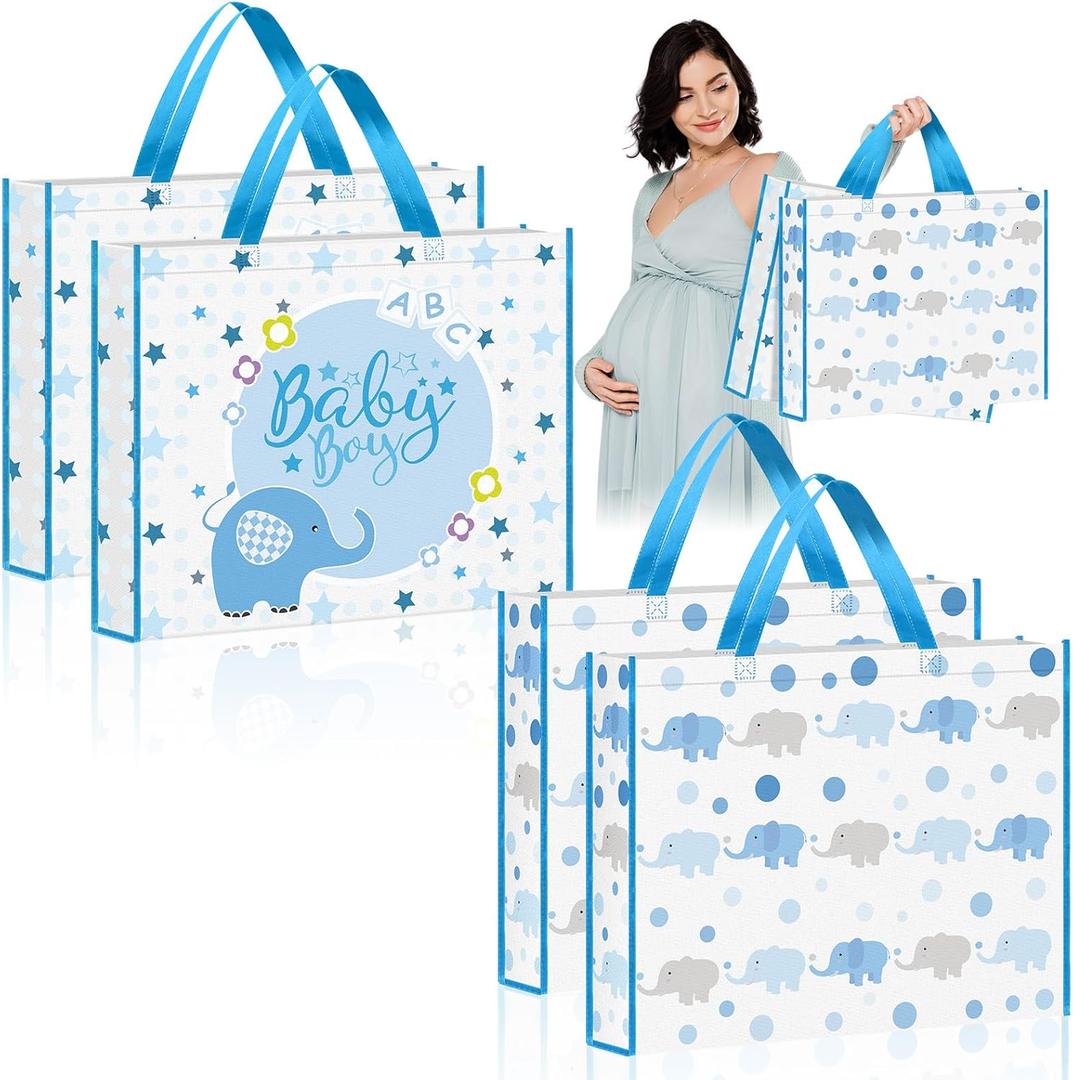 PerKoop Extra Large Baby Gift Bag 20 x 16 Inch Blue Giant Reusable Jumbo Non Woven Fabric Gift Bag for Baby Shower Boy with Handles for Birthday Party