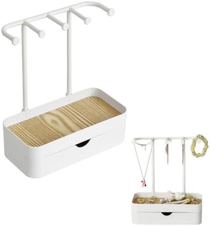 Jewelry Organizer Stand, Necklaces Holder with Wooden Tray and Drawer, Double Jewelry Display Rack Jewelry Storage Hooks for Bracelets, Earrings, Ring, Keys, Watches (White)