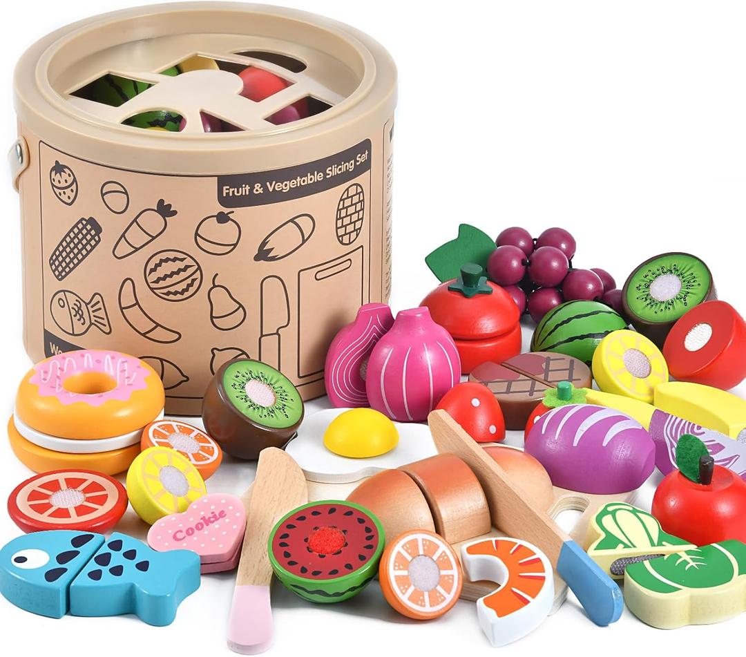 WHOHOLL 43 Pcs Wooden Play Food for Kids Play Kitchen Accessories Playset with Basket, Pretend Cutting Food Toys for 3 4 5 6 Year Old, Vegetables Fruits Toys Christmas Birthday Gifts for Girls Boys