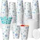 Shellwei 150 Pieces/50 Sets Winter Snowflakes Cups with Lids and Paper Straws 16 oz Blue Disposable Paper Cup Christmas Frozen Theme Favors for Wonderland Xmas Theme Baby Shower Party Supplies