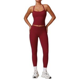Womens Workout Sets Two Piece Cross Back Tank Top Matching High Waist Leggings Sets Gym Outfits Work Out Clothes (Large, Burgundy)