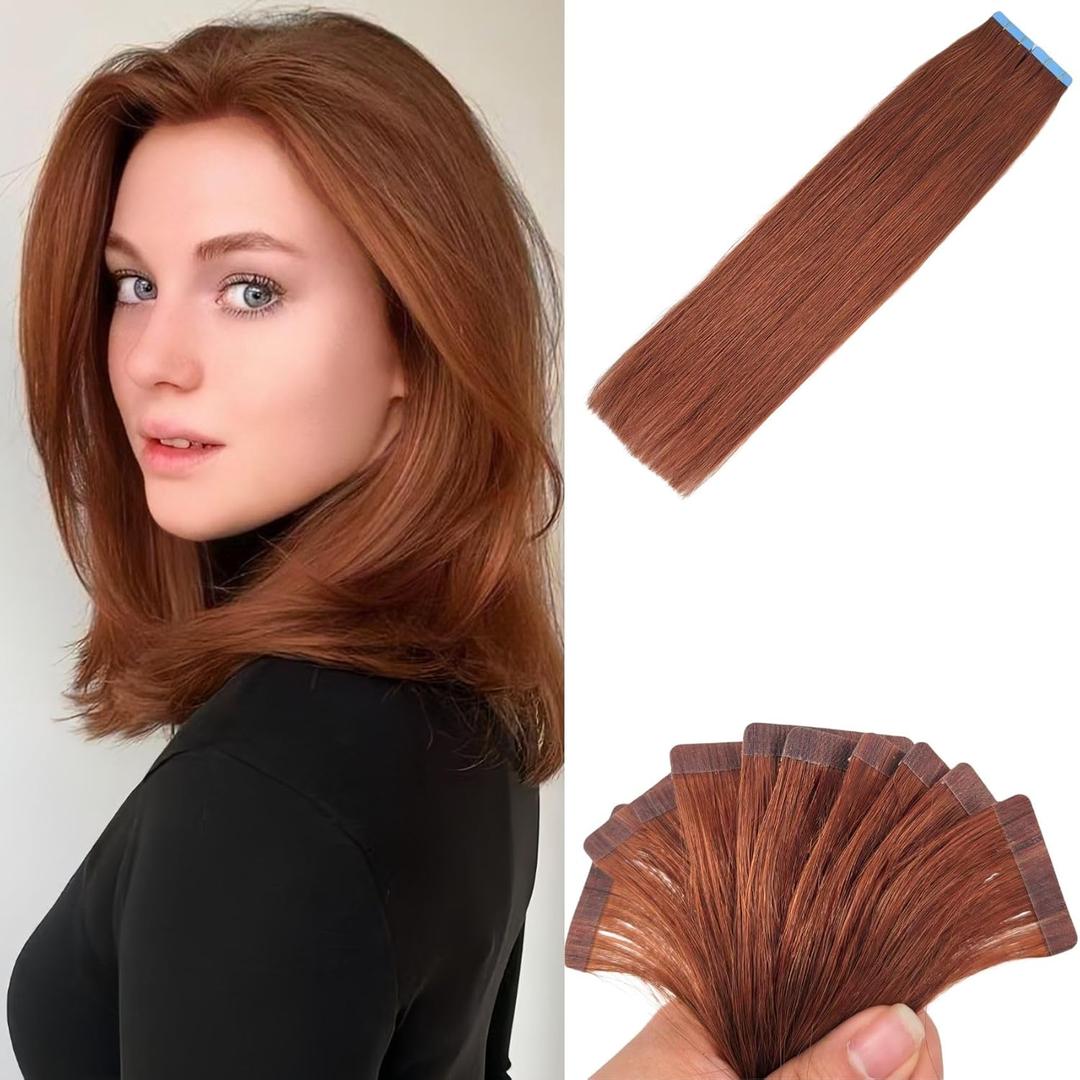 Auburn Tape in Hair Extensions Human Hair Invisible Remy Tape in Straight Human Hair Extensions for Women (12 Inch-20pcs-30 Gram)