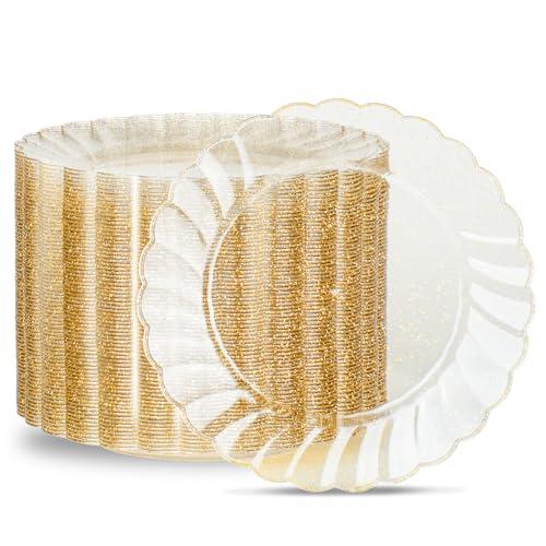 BESTVIP 100 Pieces Gold Glitter Disposable Plates, 9 Inch Premium Sturdy Gold Plastic Plates, Premium Elegant Fancy Party Supplies for Weddings, Parties and Birthdays