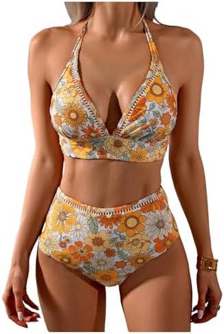 SweatyRocks Women's Floral Halter Bikini Set High Waisted Swimsuit Two Piece Bathing Suit L