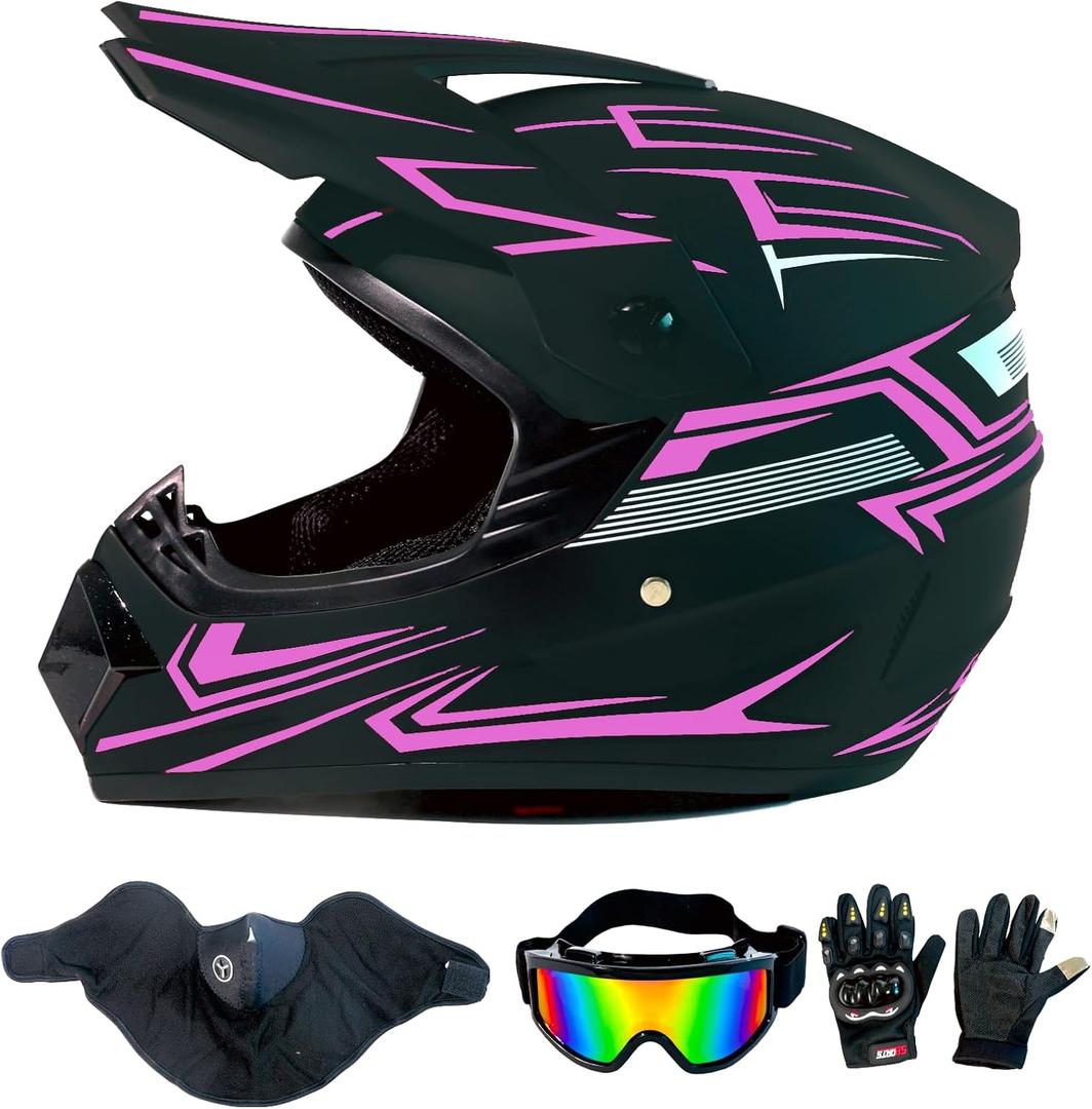 Dirt Bike Helmet Motocross ATV Motorcycle Full Face Off-Road E Bike Helmet DOT with Goggles Gloves Mask Purple Stripe L (58-59 cm)