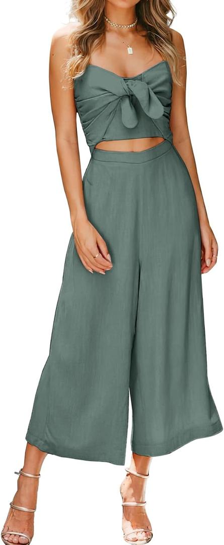 Women's Summer Spaghetti Straps V Neck Cutout High Waist Wide leg Jumpsuits Rompers with Pockets, Grey Blue L