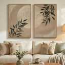 Large Framed Botanical Moon Wall Art for Living Room, Vintage Neutral Nature Canvas Painting Prints Set of 2, Rustic Farmhouse Minimalist Leaf Wall Decor for Bedroom Dining room Hallway, 24x36 Inch